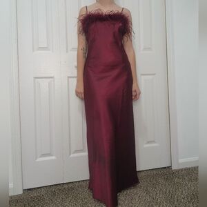 Maroon Satin dress with feathers